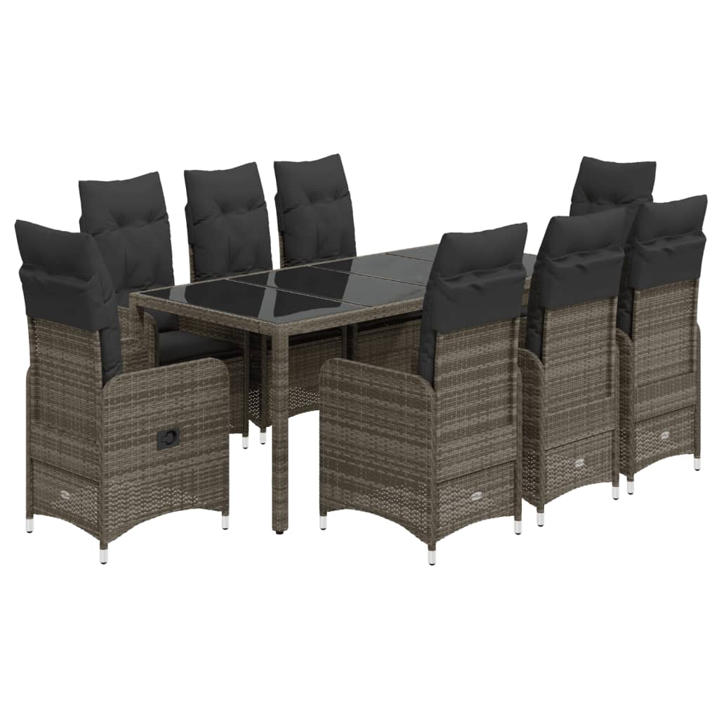 9-tlg. Garten-Bistro-Set mit Kissen Grau Poly Rattan