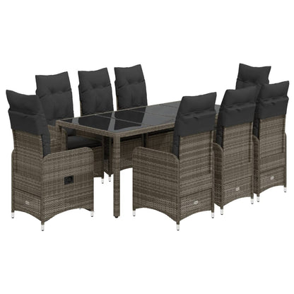 9-tlg. Garten-Bistro-Set mit Kissen Grau Poly Rattan