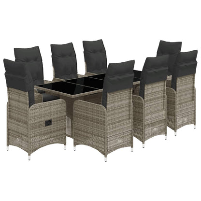 9-tlg. Garten-Bistro-Set mit Kissen Grau Poly Rattan