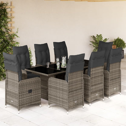 9-tlg. Garten-Bistro-Set mit Kissen Grau Poly Rattan