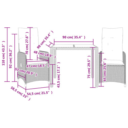 3-tlg. Garten-Bistro-Set mit Kissen Braun Poly Rattan