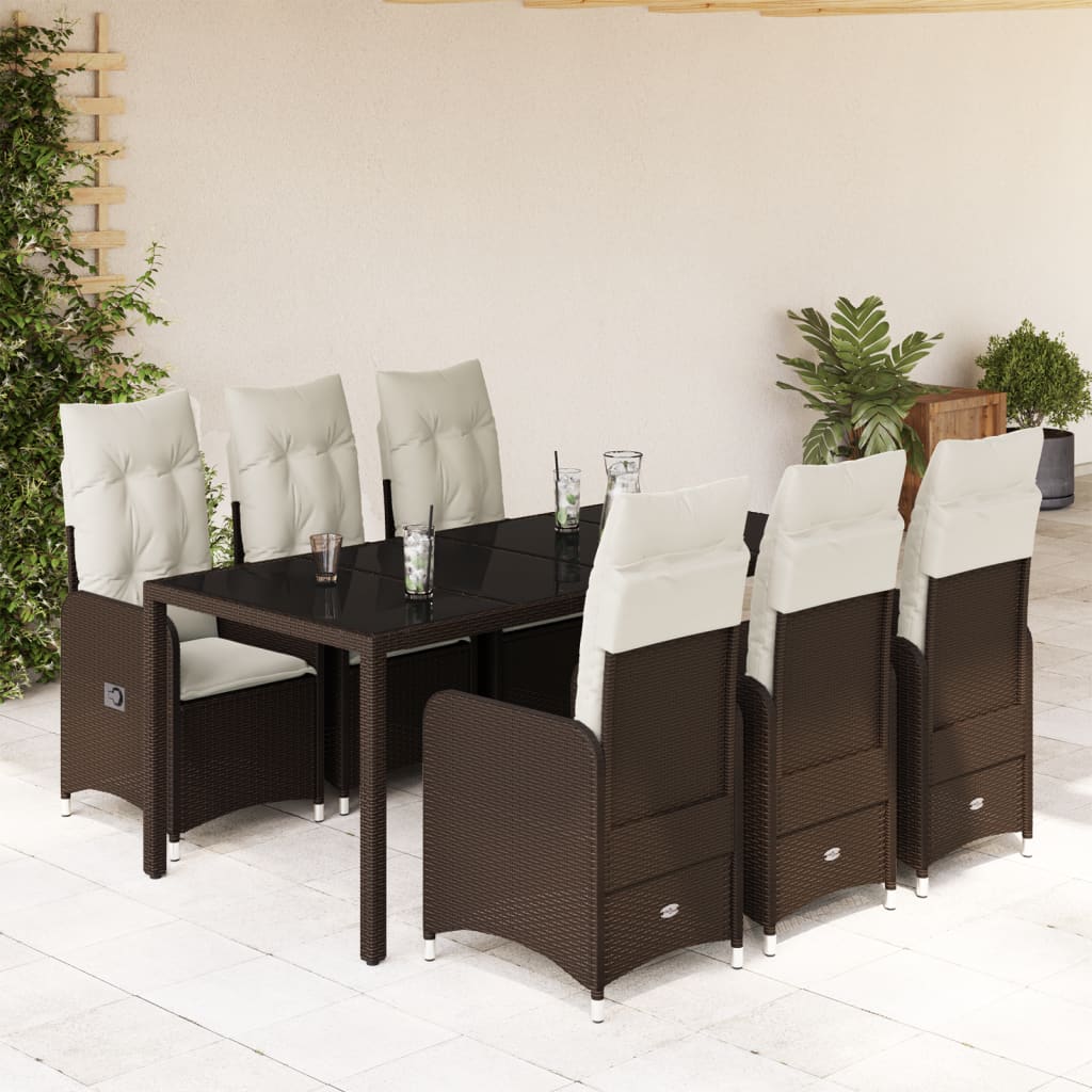 7-tlg. Garten-Bistro-Set mit Kissen Braun Poly Rattan