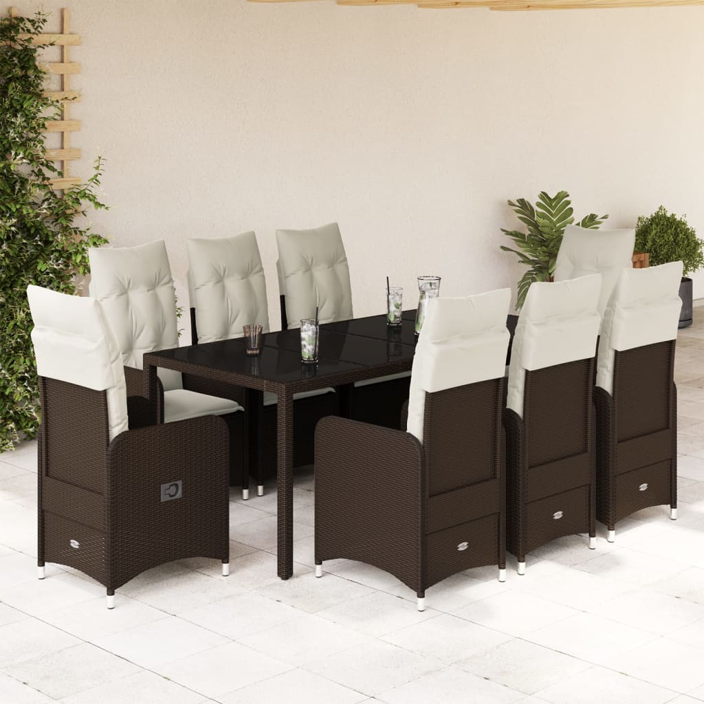 9-tlg. Garten-Bistro-Set mit Kissen Braun Poly Rattan