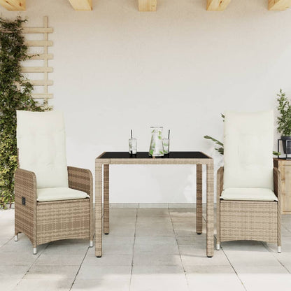 3-tlg. Garten-Bistro-Set mit Kissen Beige Poly Rattan