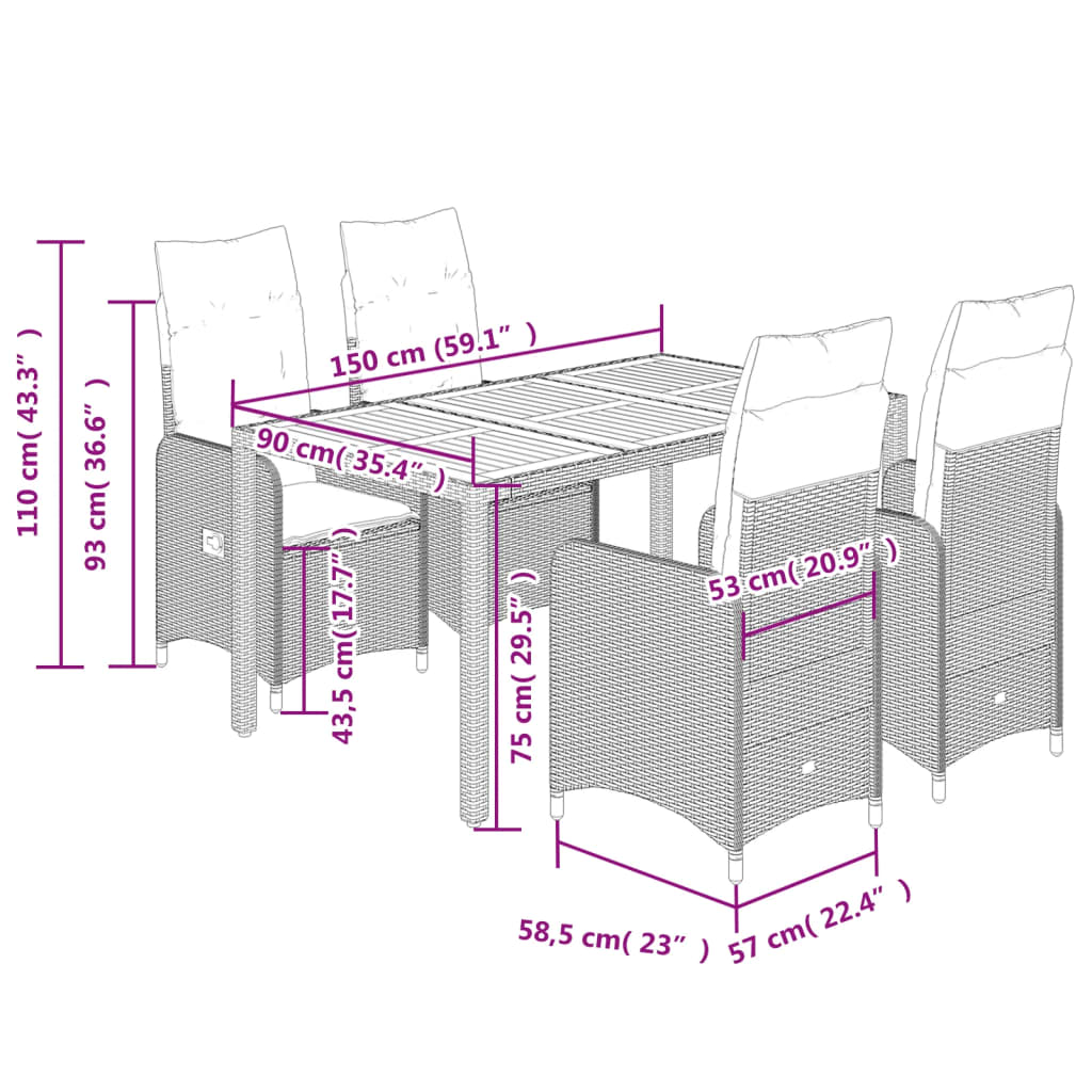 5-tlg. Garten-Bistro-Set mit Kissen Beige Poly Rattan