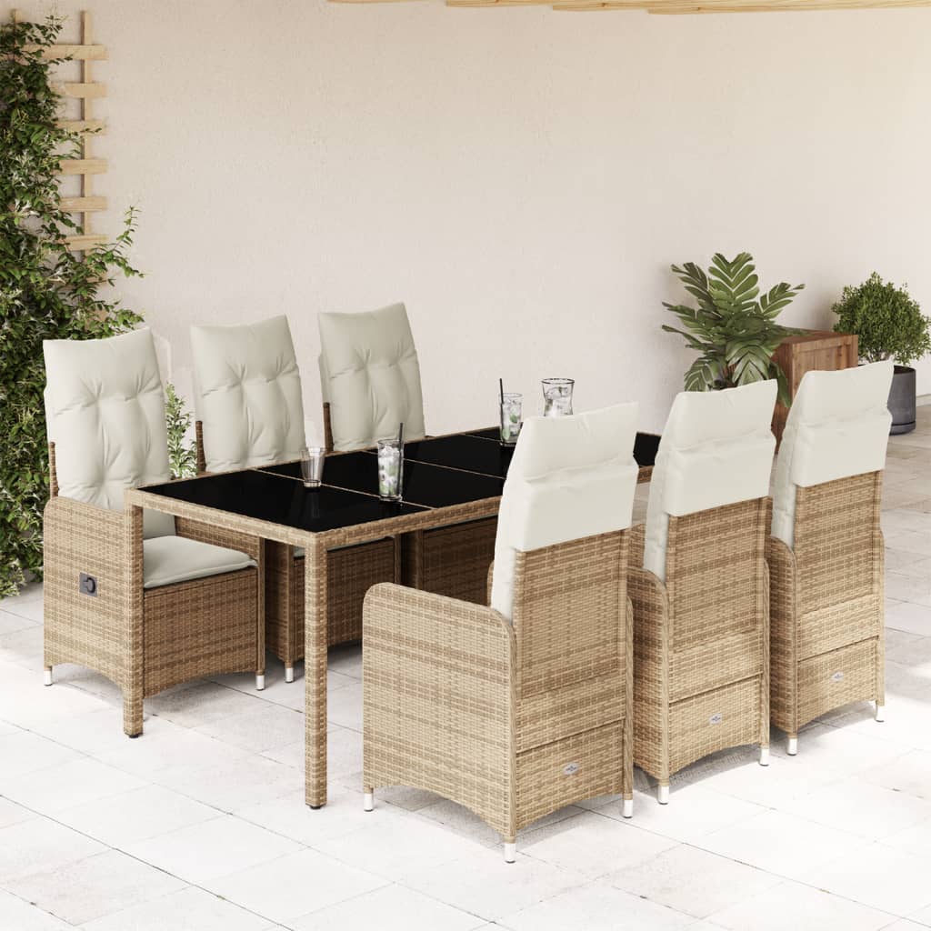 7-tlg. Garten-Bistro-Set mit Kissen Beige Poly Rattan