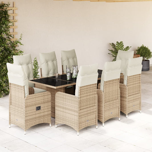 9-tlg. Garten-Bistro-Set mit Kissen Beige Poly Rattan