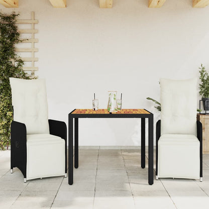 3-tlg. Garten-Bistro-Set mit Kissen Schwarz Poly Rattan