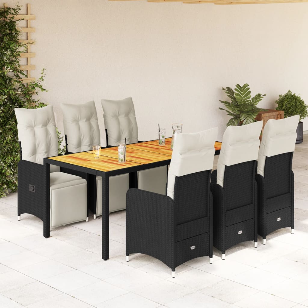 7-tlg. Garten-Bistro-Set mit Kissen Schwarz Poly Rattan