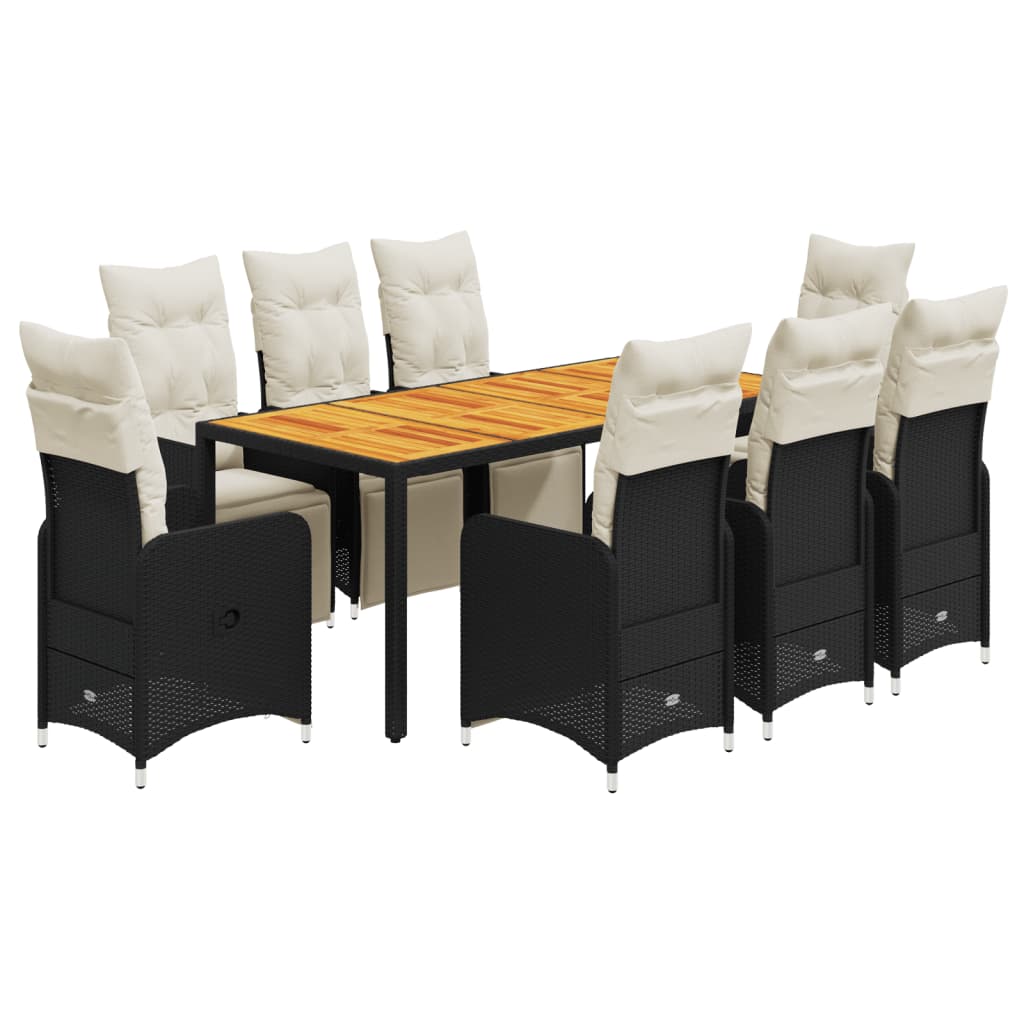 9-tlg. Garten-Bistro-Set mit Kissen Schwarz Poly Rattan