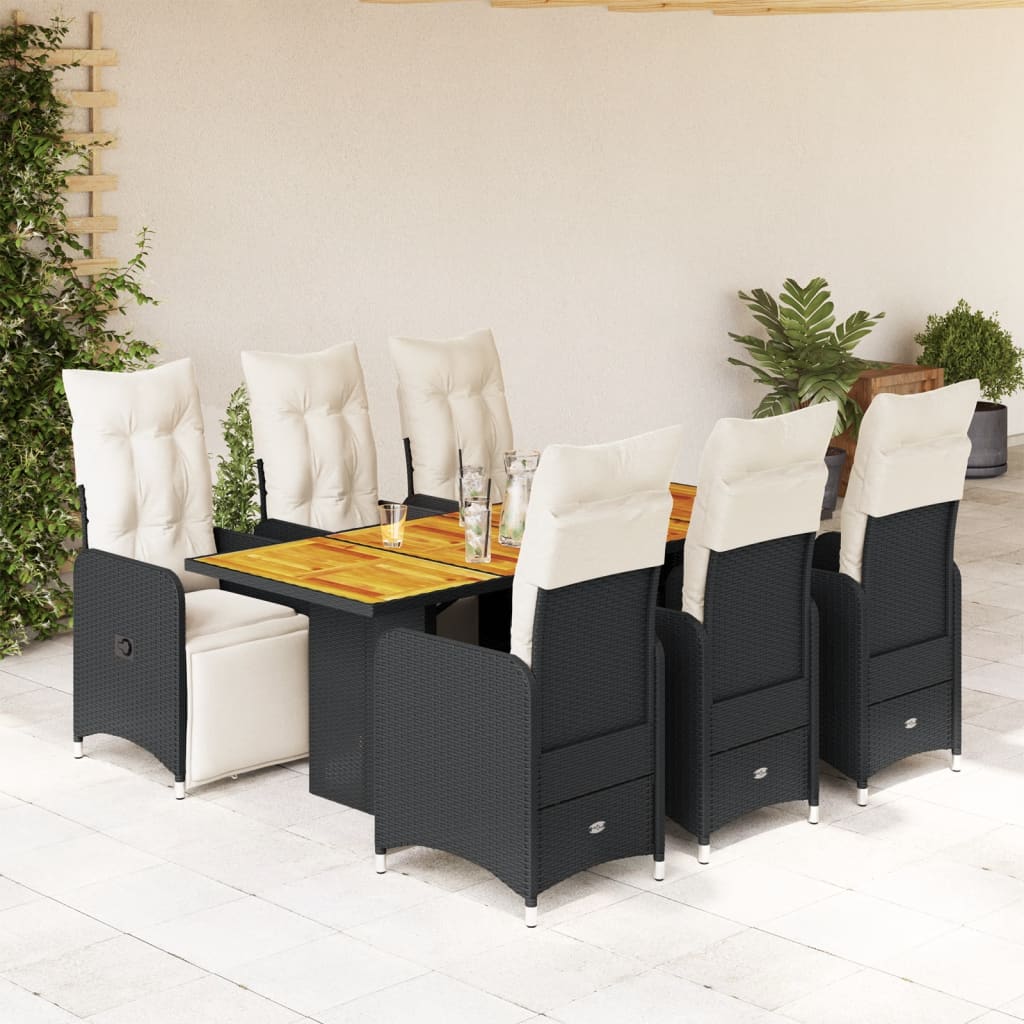 7-tlg. Garten-Bistro-Set mit Kissen Schwarz Poly Rattan