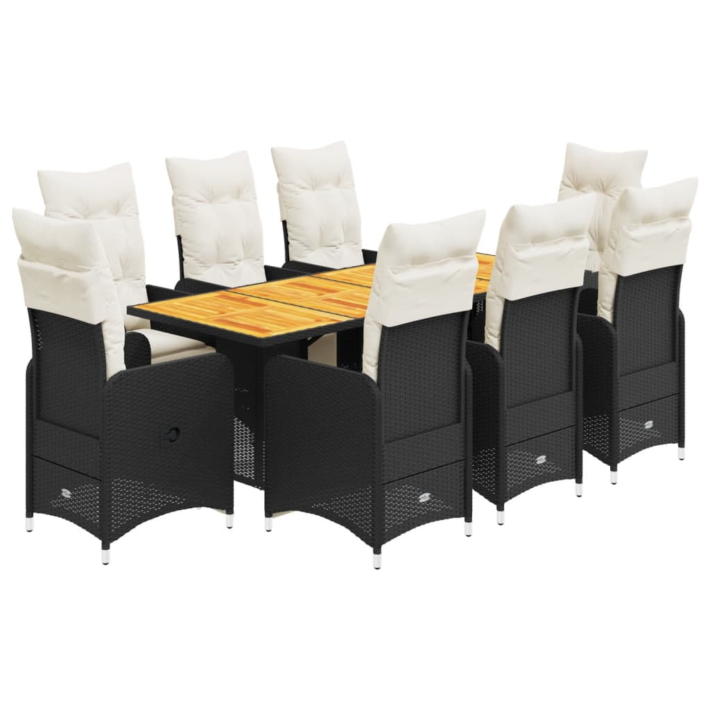 9-tlg. Garten-Bistro-Set mit Kissen Schwarz Poly Rattan