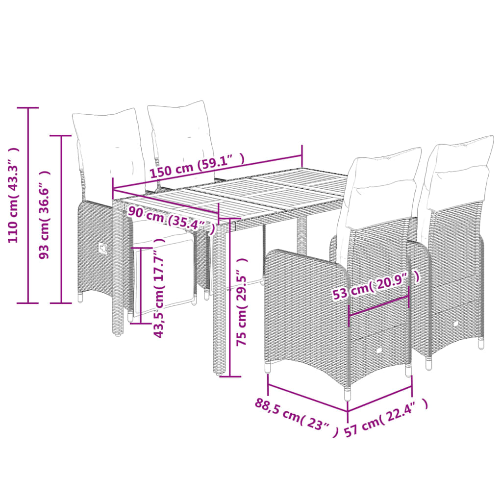 5-tlg. Garten-Bistro-Set mit Kissen Schwarz Poly Rattan