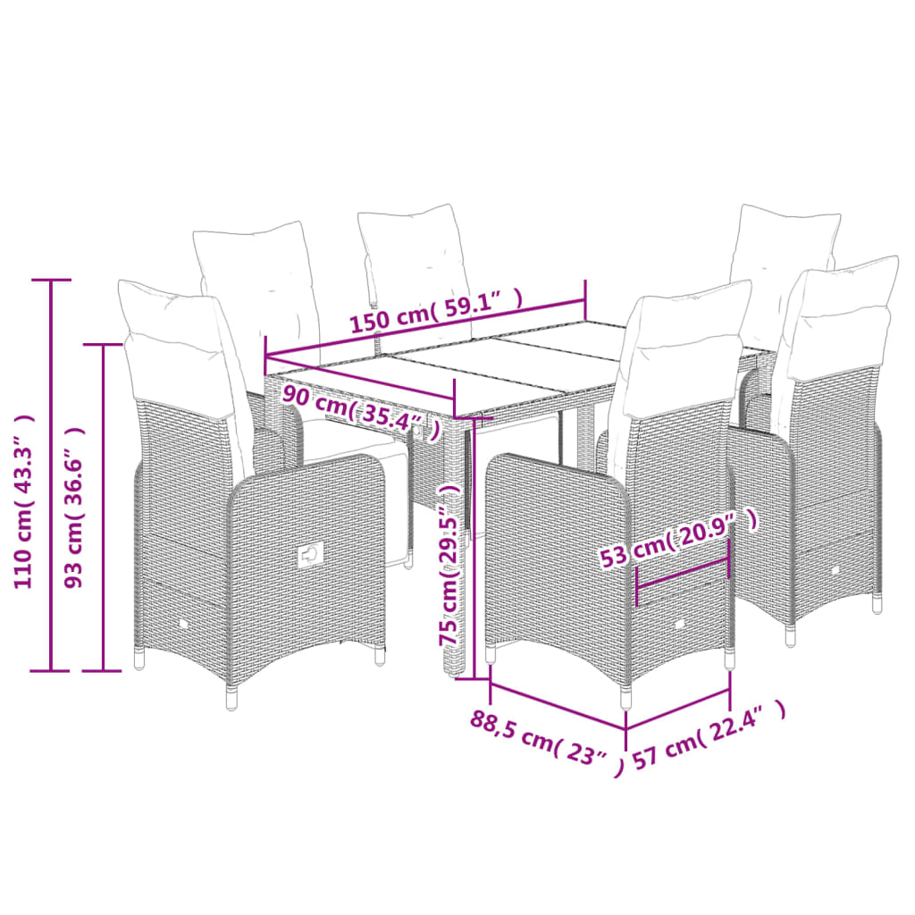 7-tlg. Garten-Bistro-Set mit Kissen Schwarz Poly Rattan