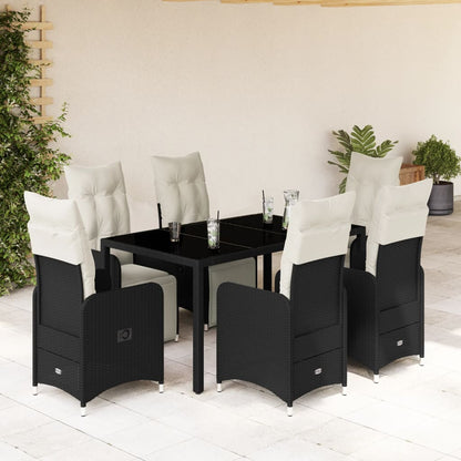 7-tlg. Garten-Bistro-Set mit Kissen Schwarz Poly Rattan