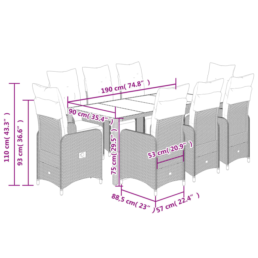 9-tlg. Garten-Bistro-Set mit Kissen Schwarz Poly Rattan