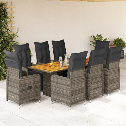 9-tlg. Garten-Bistro-Set mit Kissen Grau Poly Rattan