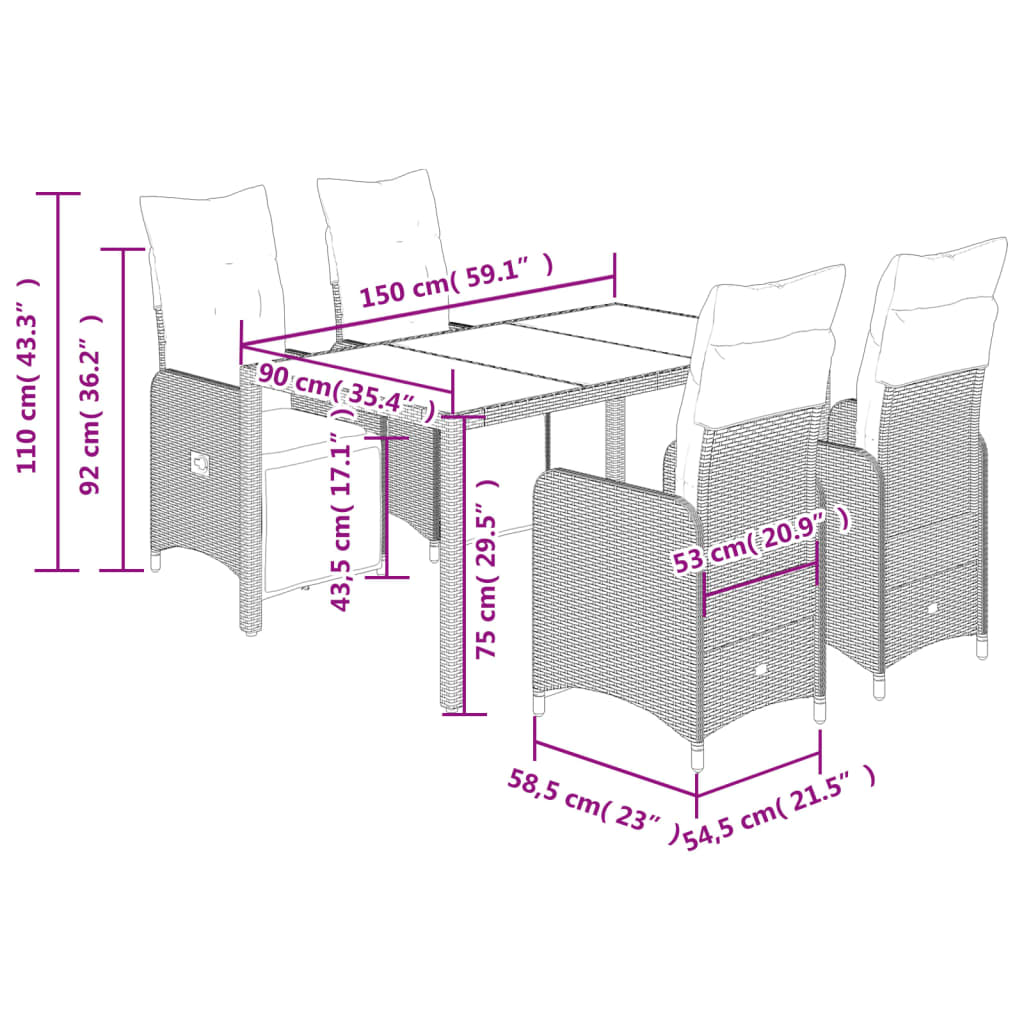 5-tlg. Garten-Bistro-Set mit Kissen Grau Poly Rattan