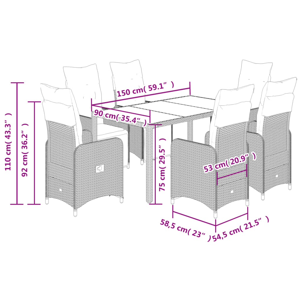 7-tlg. Garten-Bistro-Set mit Kissen Grau Poly Rattan