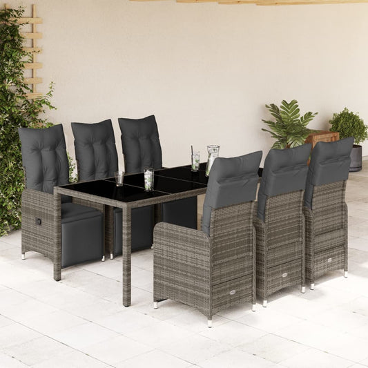 7-tlg. Garten-Bistro-Set mit Kissen Grau Poly Rattan