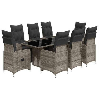 9-tlg. Garten-Bistro-Set mit Kissen Grau Poly Rattan