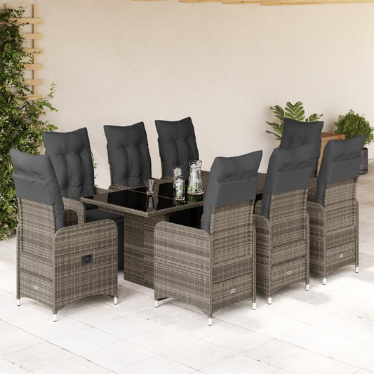 9-tlg. Garten-Bistro-Set mit Kissen Grau Poly Rattan