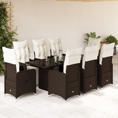 9-tlg. Garten-Bistro-Set mit Kissen Braun Poly Rattan