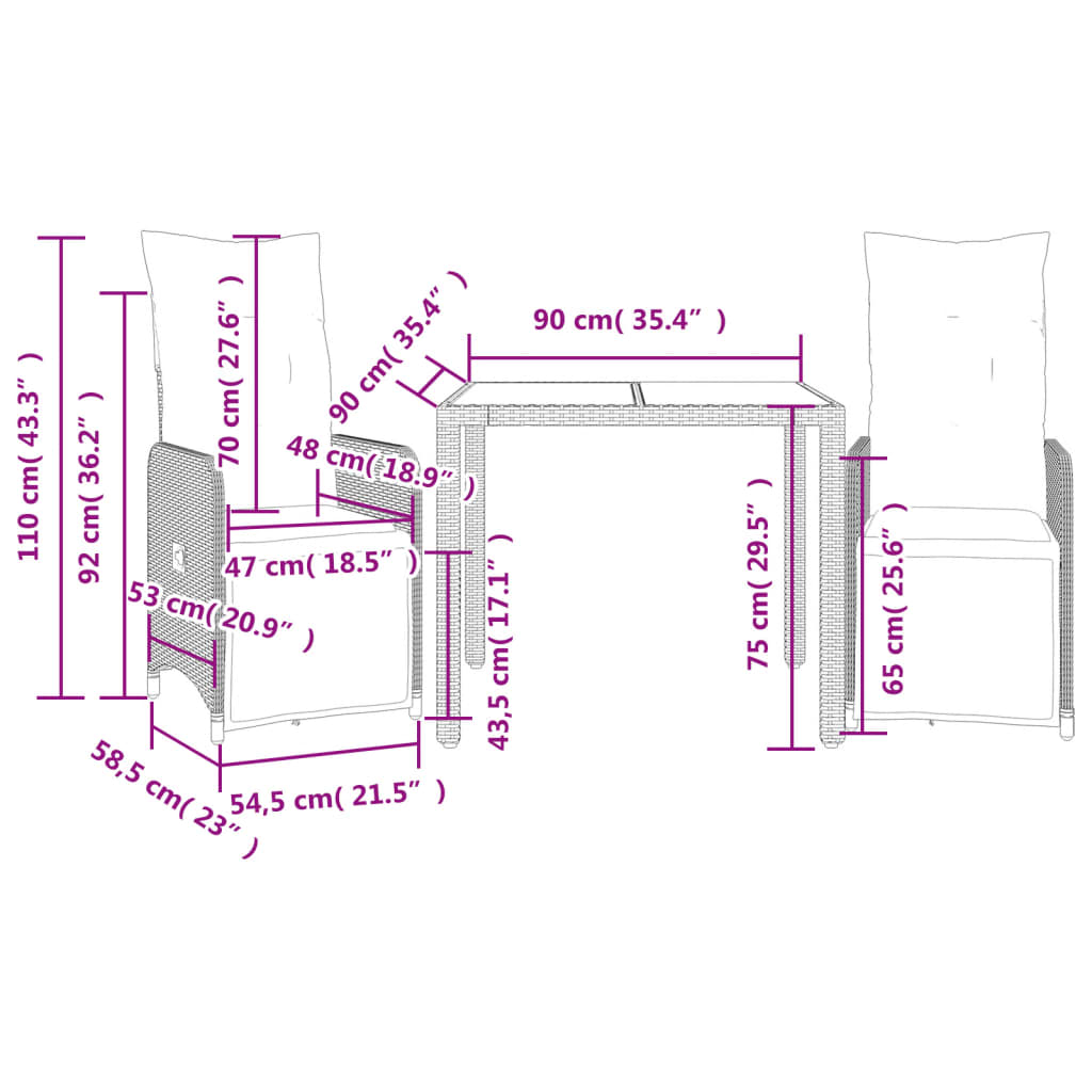 3-tlg. Garten-Bistro-Set mit Kissen Braun Poly Rattan