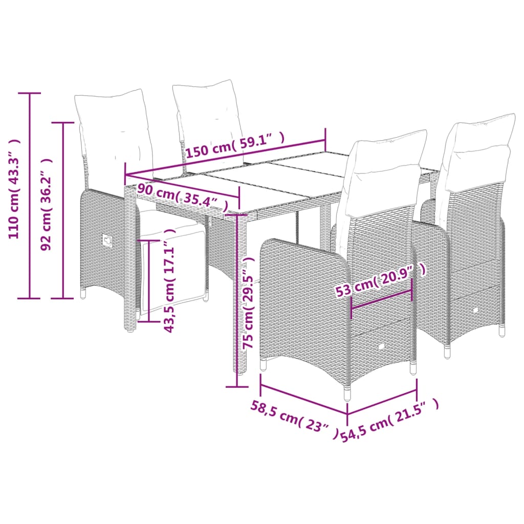 5-tlg. Garten-Bistro-Set mit Kissen Braun Poly Rattan