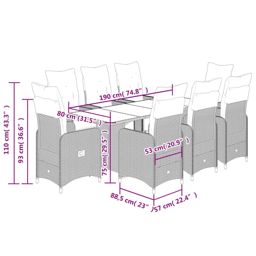 9-tlg. Garten-Bistro-Set mit Kissen Braun Poly Rattan