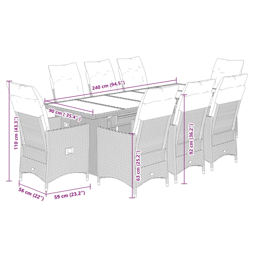 9-tlg. Garten-Bistro-Set mit Kissen Schwarz Poly Rattan