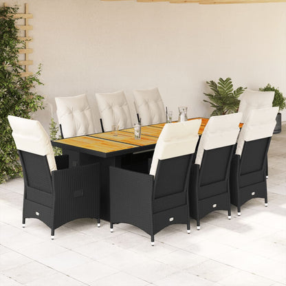 9-tlg. Garten-Bistro-Set mit Kissen Schwarz Poly Rattan