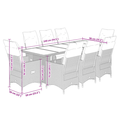 9-tlg. Garten-Bistro-Set mit Kissen Grau Poly Rattan