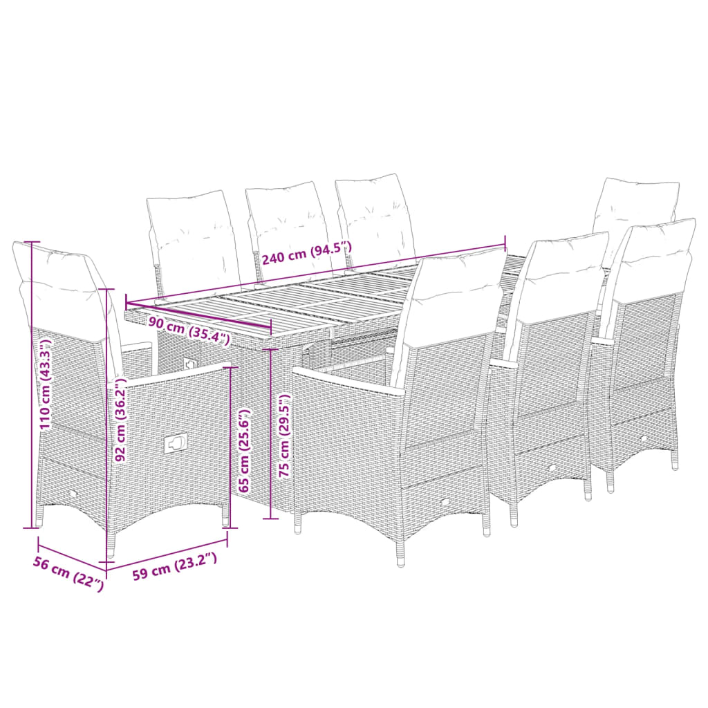 9-tlg. Garten-Bistro-Set mit Kissen Schwarz Poly Rattan