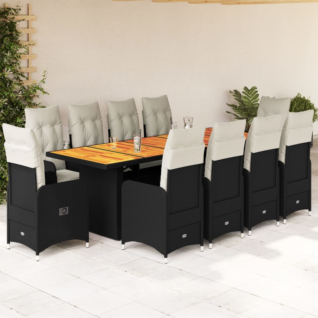 11-tlg. Garten-Bistro-Set mit Kissen Schwarz Poly Rattan