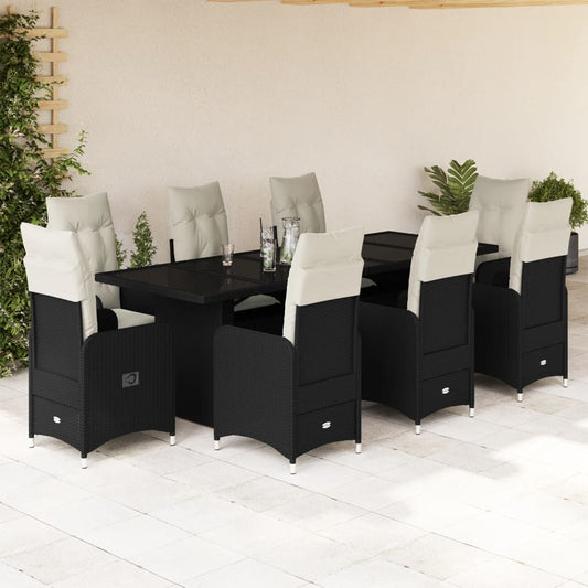 9-tlg. Garten-Bistro-Set mit Kissen Schwarz Poly Rattan