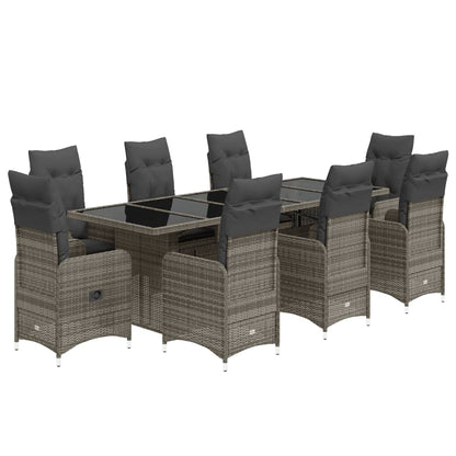 9-tlg. Garten-Bistro-Set mit Kissen Grau Poly Rattan