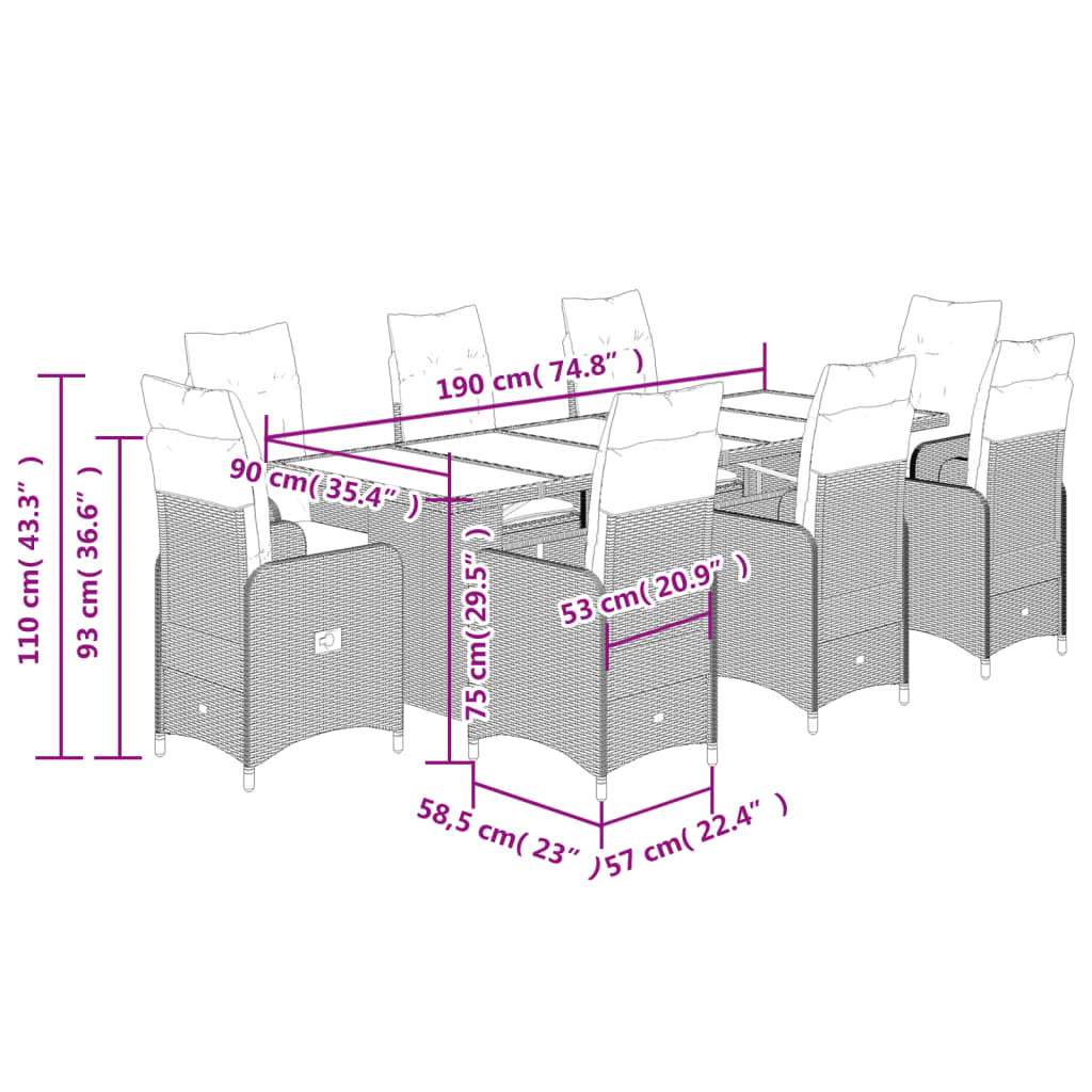 9-tlg. Garten-Bistro-Set mit Kissen Grau Poly Rattan