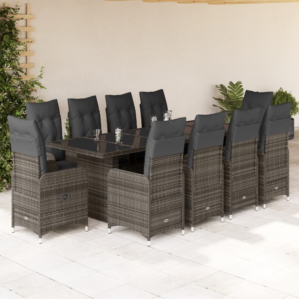 11-tlg. Garten-Bistro-Set mit Kissen Grau Poly Rattan