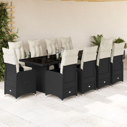 11-tlg. Garten-Bistro-Set mit Kissen Schwarz Poly Rattan