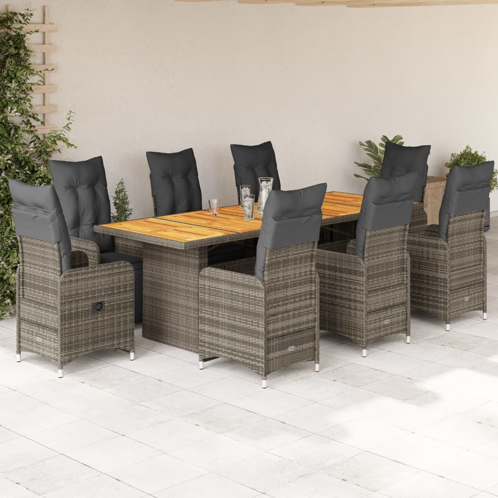 9-tlg. Garten-Bistro-Set mit Kissen Grau Poly Rattan