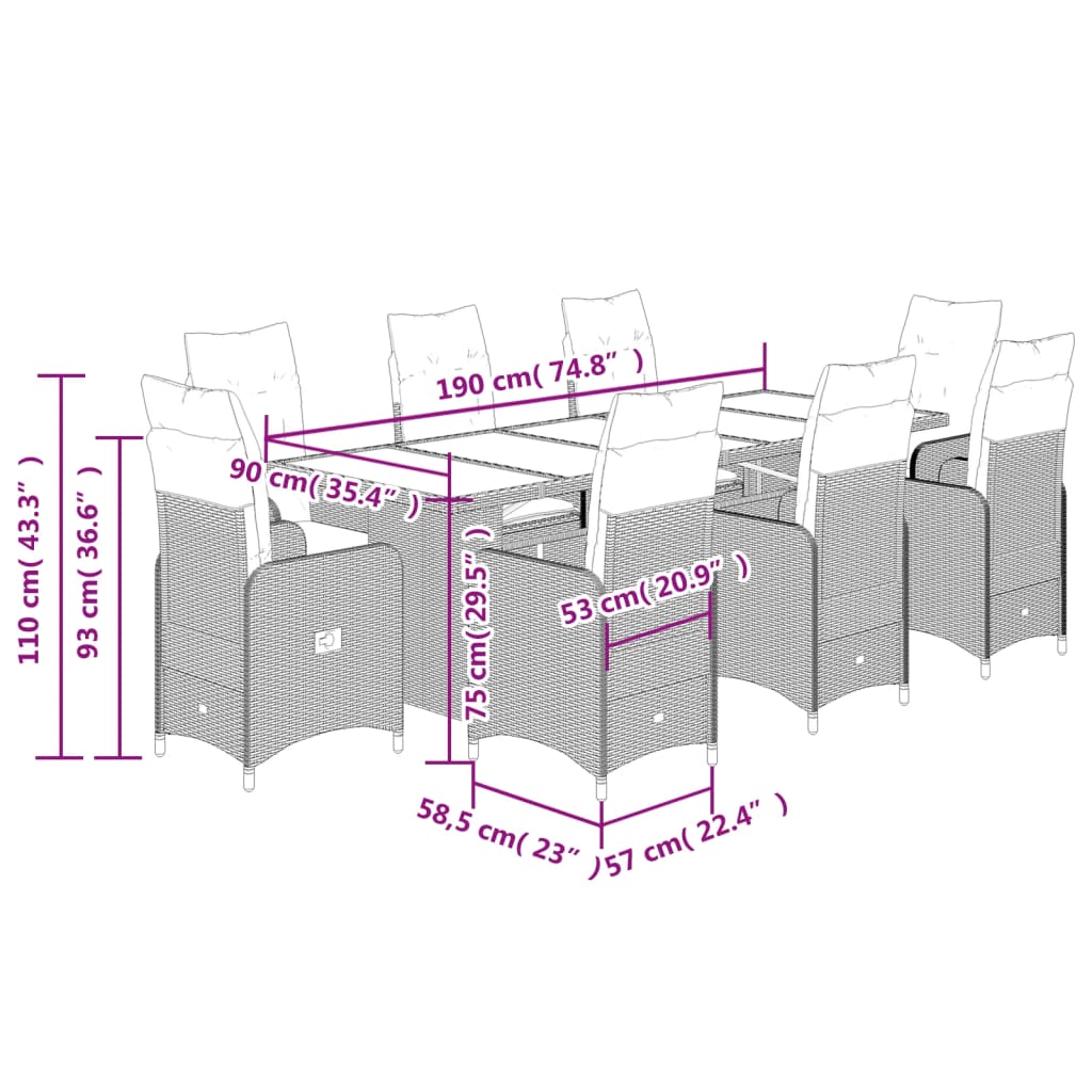 9-tlg. Garten-Bistro-Set mit Kissen Beige Poly Rattan