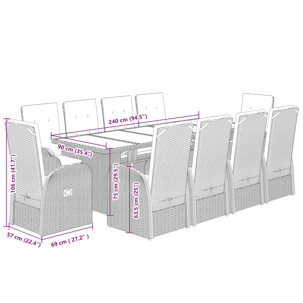 11-tlg. Garten-Essgruppe mit Kissen Grau Poly Rattan