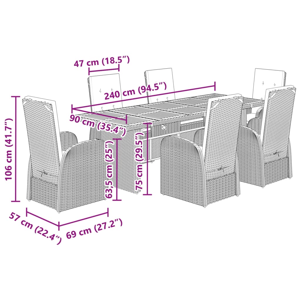 7-tlg. Garten-Essgruppe mit Kissen Grau Poly Rattan