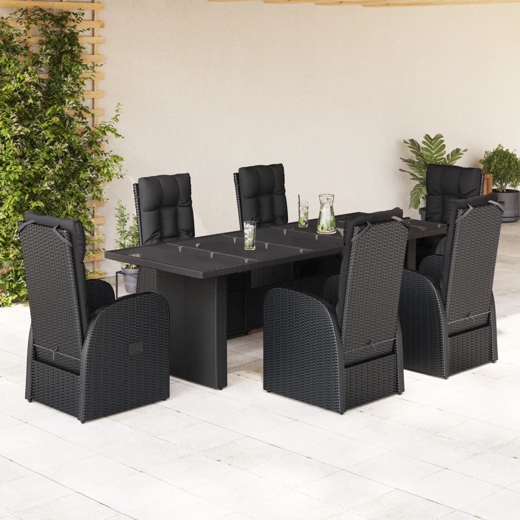 7-tlg. Garten-Essgruppe mit Kissen Schwarz Poly Rattan