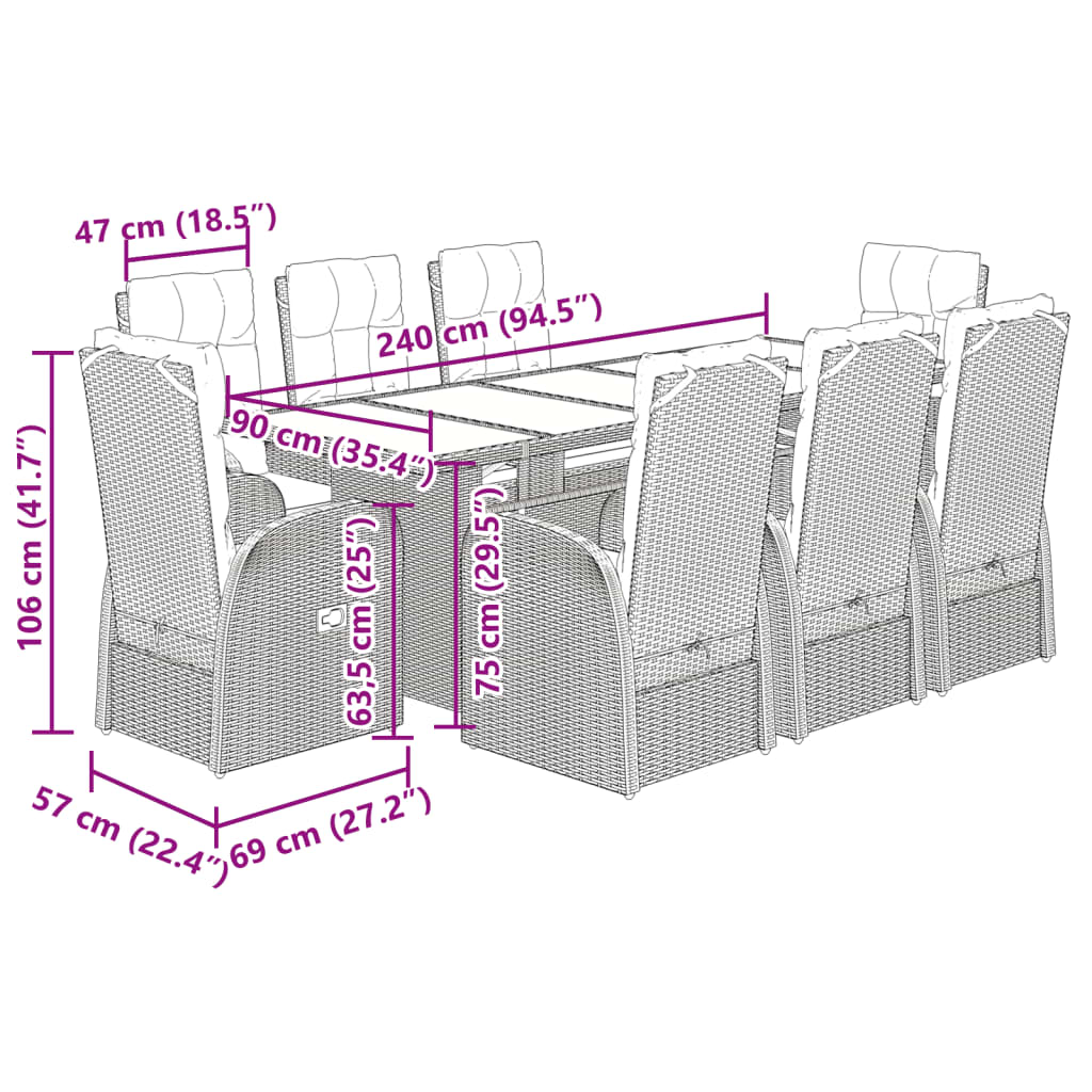 9-tlg. Garten-Essgruppe mit Kissen Schwarz Poly Rattan