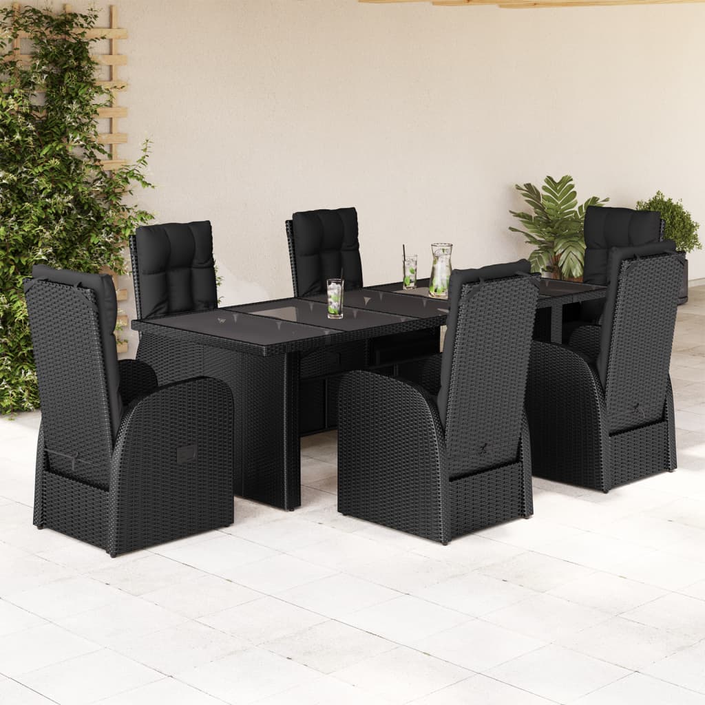 7-tlg. Garten-Essgruppe mit Kissen Schwarz Poly Rattan