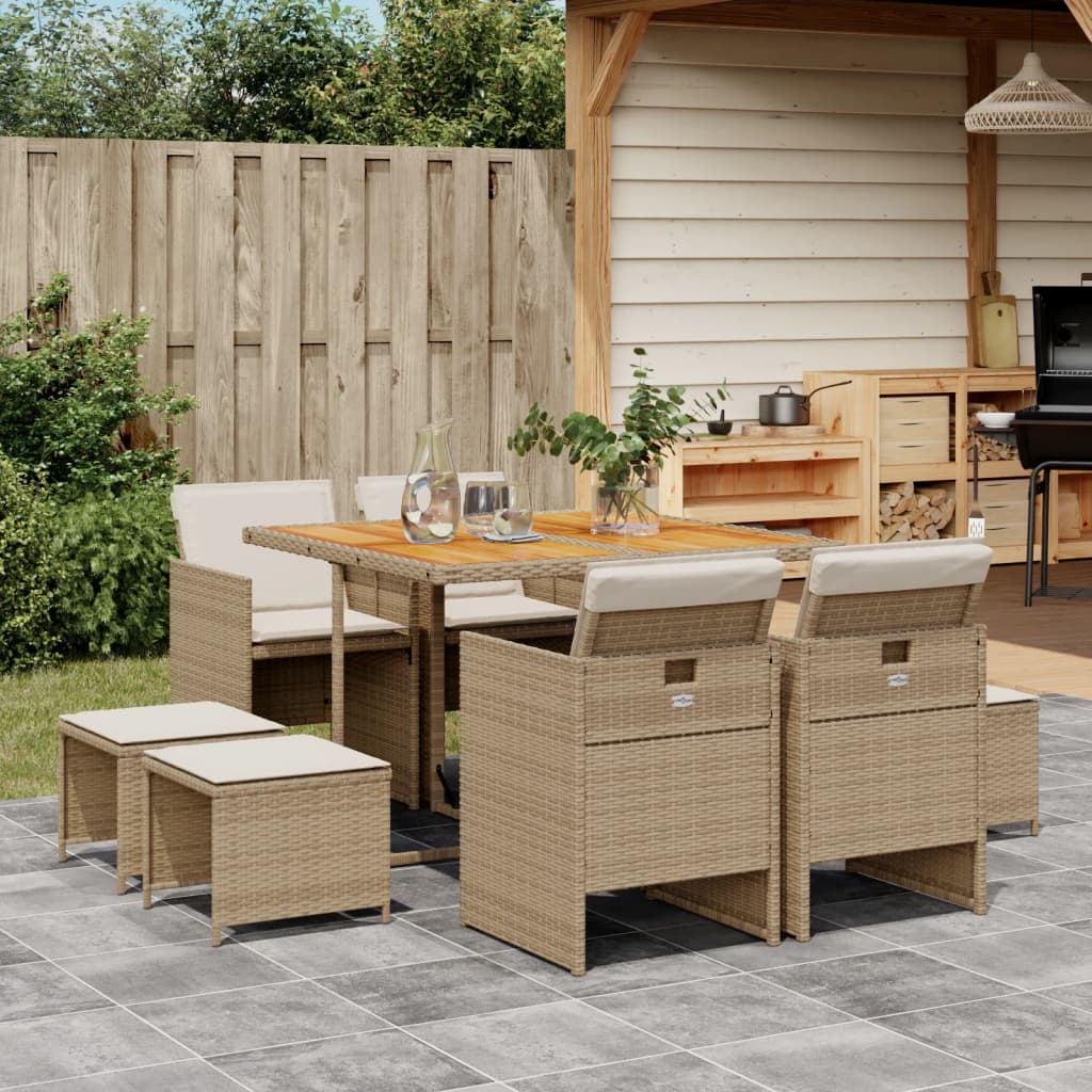 9-tlg. Garten-Essgruppe mit Kissen Beige Poly Rattan