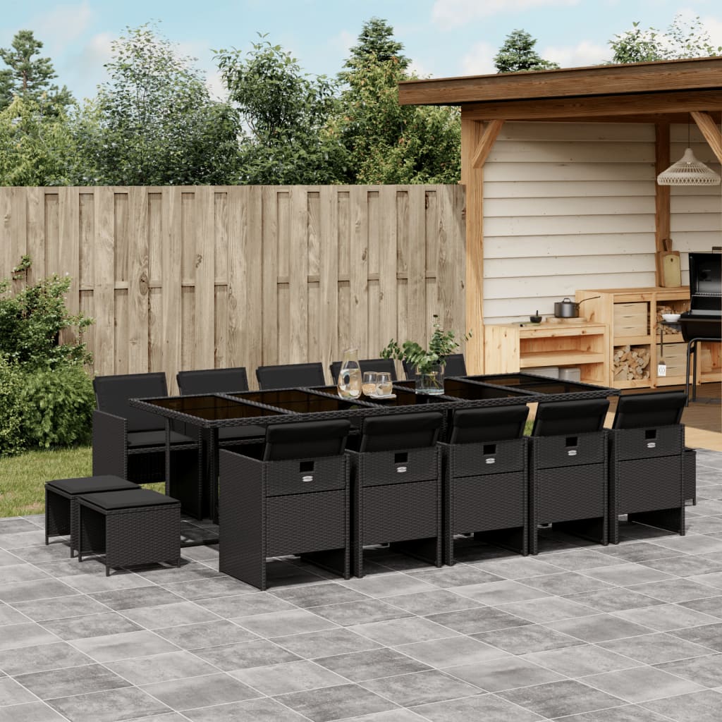 15-tlg. Garten-Essgruppe mit Kissen Schwarz Poly Rattan