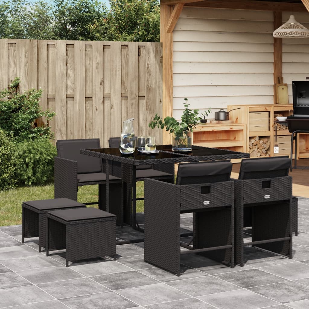 9-tlg. Garten-Essgruppe mit Kissen Schwarz Poly Rattan